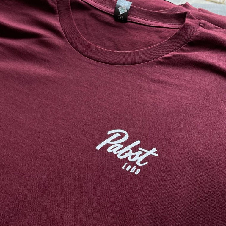 Maroon t-shirt with screen printed Pabst Labs script logo