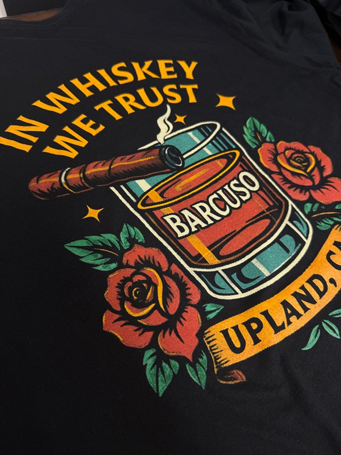 T-shirt with In Whiskey We Trust Barcuso screen print artwork