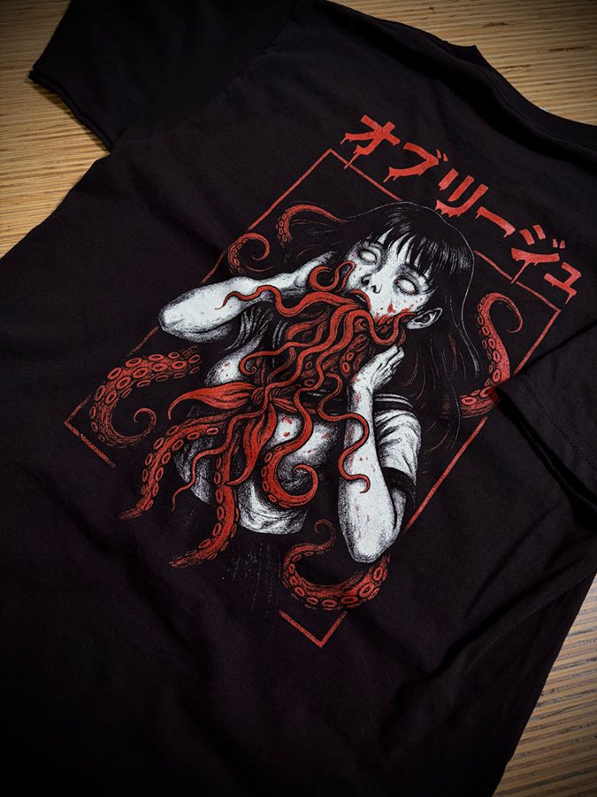 Black t-shirt with a red octopus screen print for Oblige