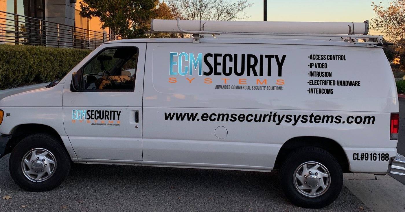 ECM Security Systems van with printed vinyl vehicle graphics