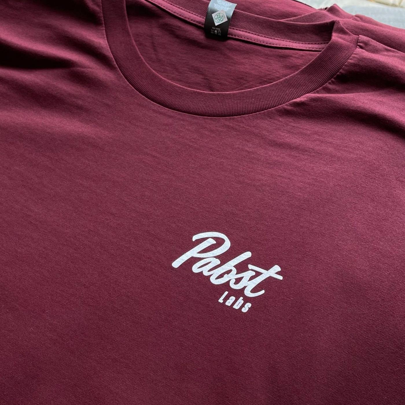Maroon t-shirt with screen printed Pabst Labs script logo