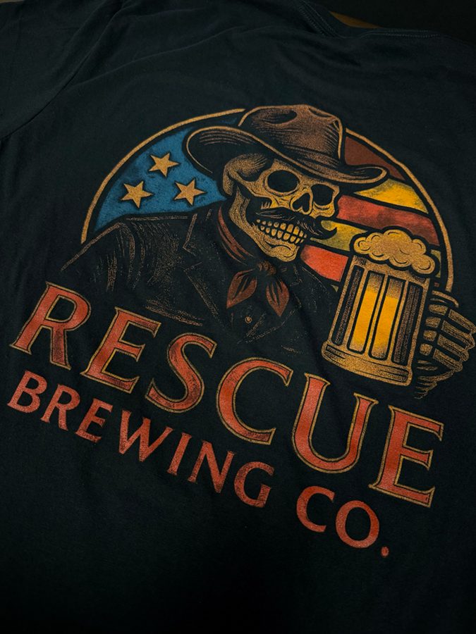 Rescue Brewing Co cowboy hat screen print on a dark t-shirt